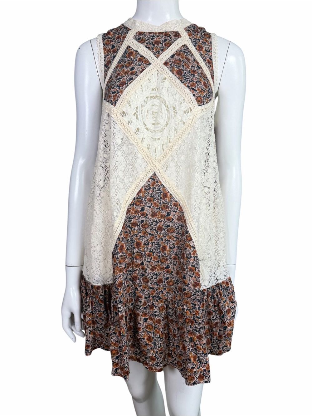 Umgee Floral Lace Boho Sleeveless Swing Dress Cream Rust Size Small Summer Dress - Picture 2 of 10